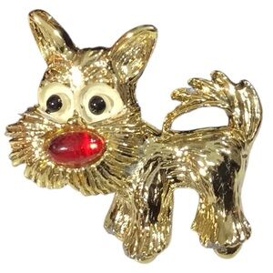 Vintage Gerrys Dog Brooch Gold Tone Scotty Mutt Red Nose Puppy Costume Jewelry